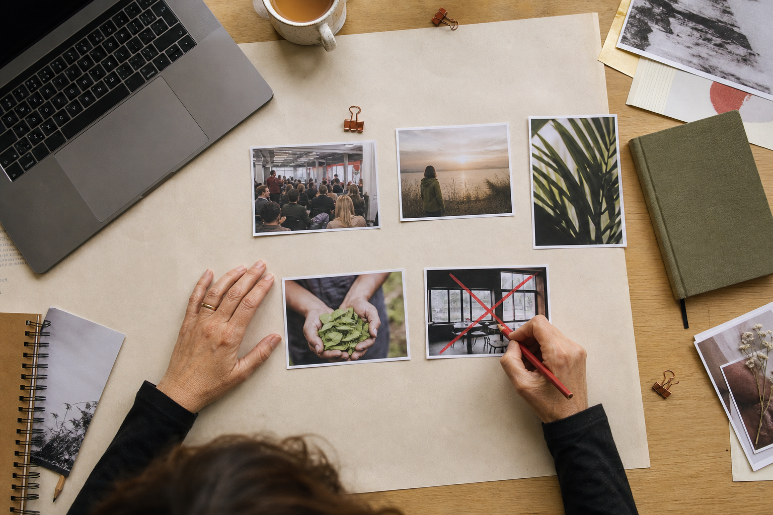 Redacteur selecteert boven een werktafel vijf geprinte foto's voor een compacte nieuwsbrief