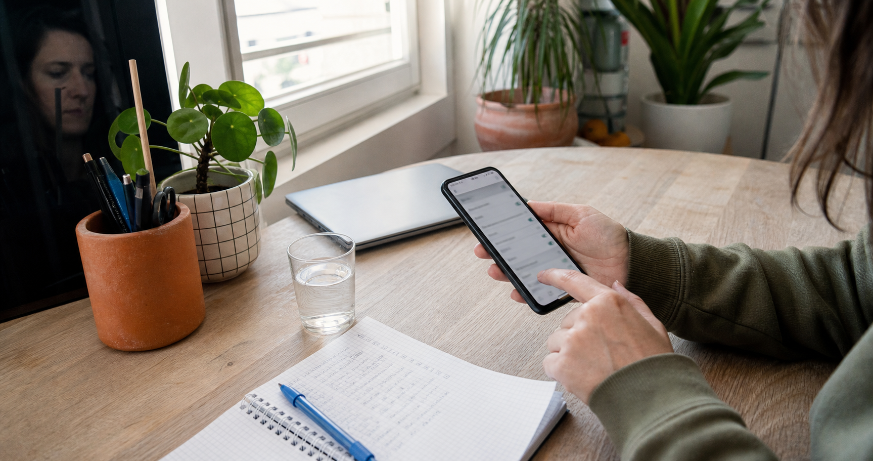 Persoon controleert privacy-instellingen op een smartphone aan een lichte tafel met notitieboek en gesloten laptop