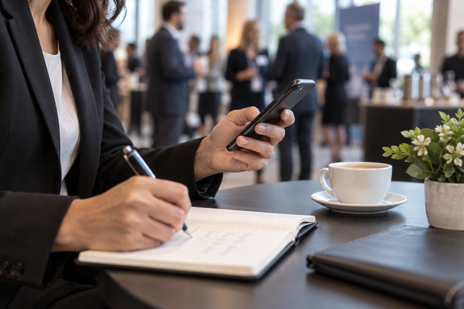Professional noteert een afspraak tijdens het bekijken van haar smartphone