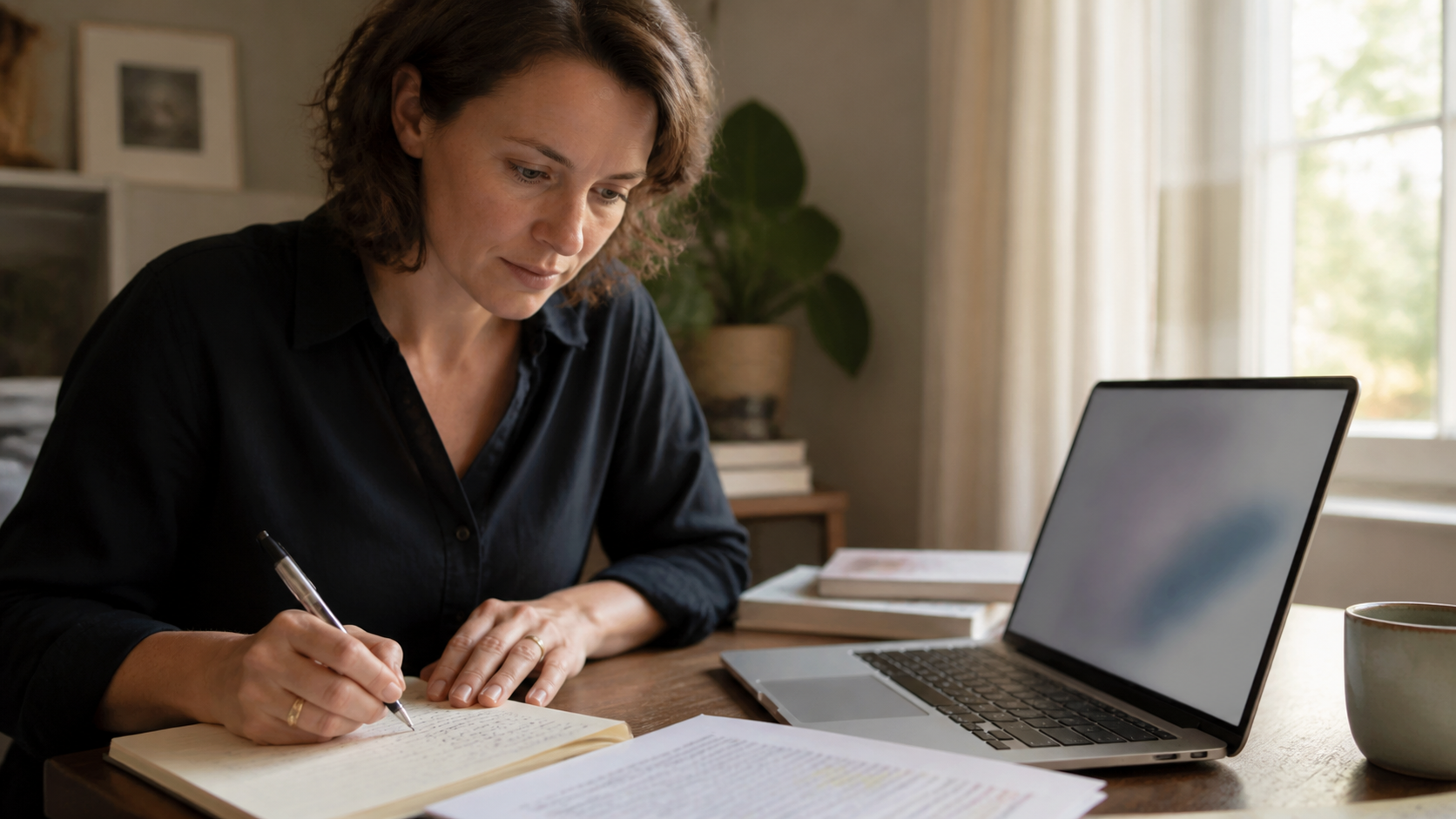 Bureau met laptop en telefoon waarop een rustig meldingenoverzicht zichtbaar is